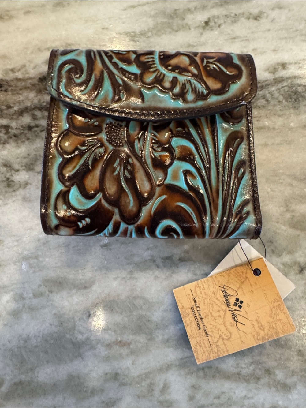 Patricia Nash Turquoise and Brown Hand-Tooled Floral Wallet